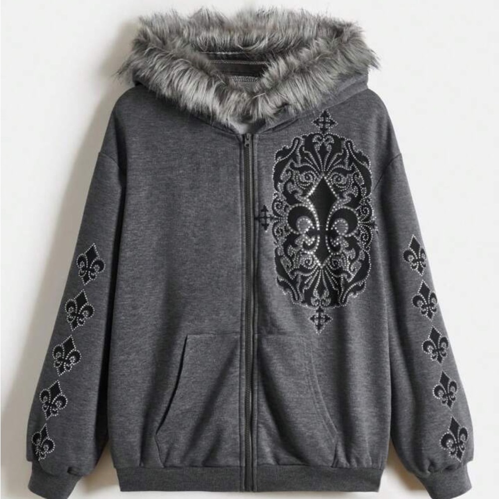 (SOLD‼️) ROMWE Gray Hoodie with Faux Fur Trim and Embellished Design
